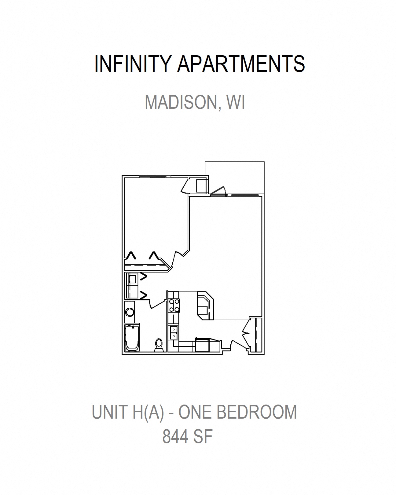 Floor plan for 1 bed, 1 bath, 844 sqft